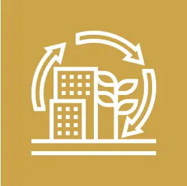 Group 1321315782 (1) Icon of buildings and a plant with circular arrows on a gold background, symbolizing sustainable urban development.